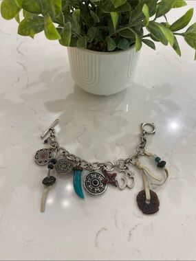 Lucky Brand Silver-Tone Charm Bracelet with Turquoise and Brown Accents